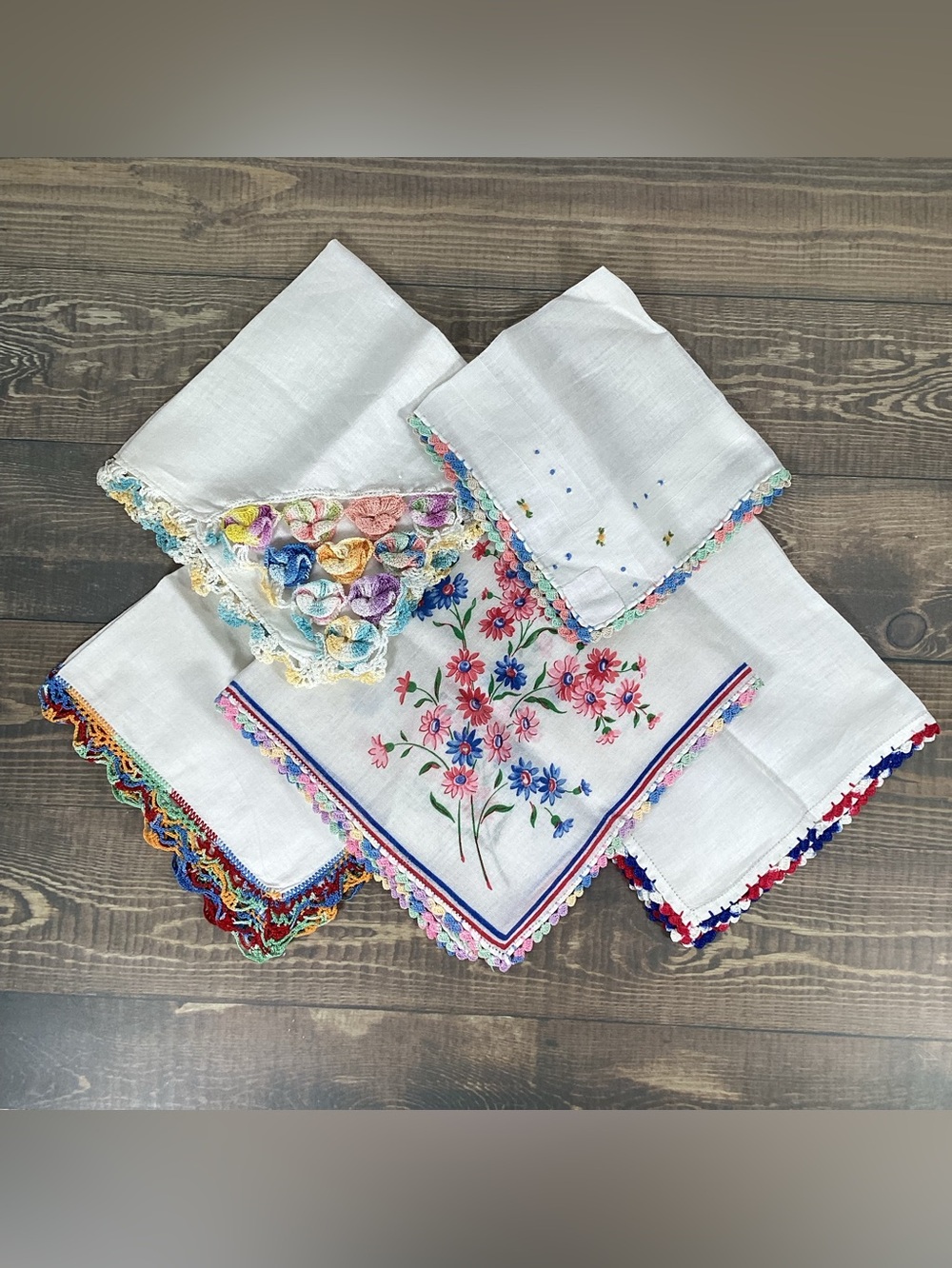 5 Vintage Lady’s Handkerchief Hankies Multi Color, Floral, Crochet Edge